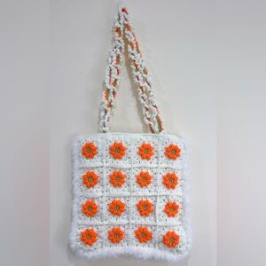 Handmade Crochet Floral Tote Bag - Cream and Orange